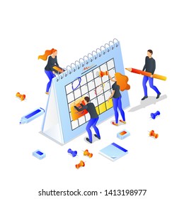 Project planning, deadline and time management concept. Vector 3d isometric illustration isolated on white background. Business team makes office schedule of meetings and events.