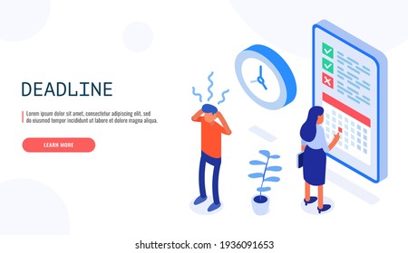 Concepto de planificación de proyectos, plazos y gestión del tiempo. Mujer revisando la fecha en el calendario, hombre con la cabeza en tensión. Ilustración isométrica vectorial 3d.