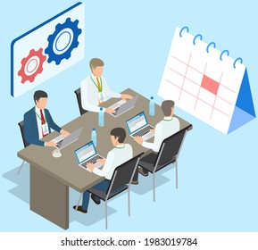 Project planning, deadline and time management concept. Business team makes office timetable of meetings and events. People analyze plan, schedule. Work schedule planning vector illustration