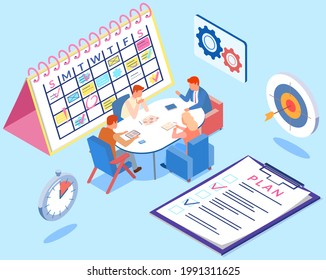 Projektplanung, Termin- und Zeitmanagement-Konzept. Das Business-Team hält Treffen ab und diskutiert neue Bürozeiten. Menschen analysieren Plan, Zeitplan. Arbeitszeitplanung, Vektorgrafik