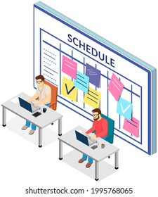 Project planning, deadline and time management concept. Business team is making office timetable and working on laptops. People analyzing plan, schedule. Work schedule planning using technology