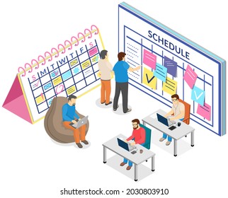 Project planning, deadline and time management concept. Business team makes office timetable of meetings and events. People analyze plan, schedule. Work schedule planning vector illustration