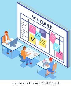 Project planning, deadline and time management concept. Business team with computers makes office timetable. People analyzing plan, schedule. Employees work with schedule planning using technology