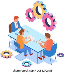 Project planning, deadline and time management concept. Business team has meetings and discusses new office timetable. People analyze plan, schedule. Work schedule planning vector illustration