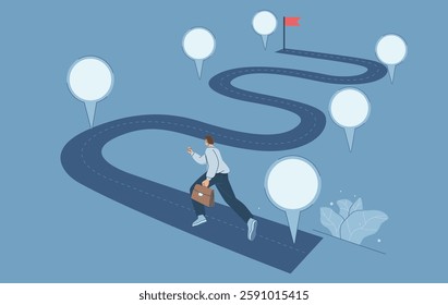 Project planning to develop the timeline of business progress, Roadmap, Work duration review, Key route map with action plans, Businessman running on project timeline, Flat vector illustration. 
