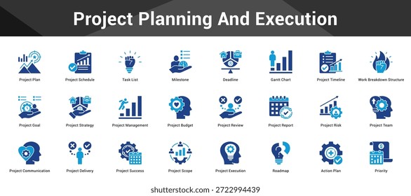 Project Planning And Execution Cohesive set of minimalist vector icons representing key ideas with visual clarity