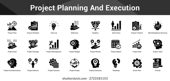Project Planning And Execution Cohesive set of minimalist vector icons representing key ideas with visual clarity