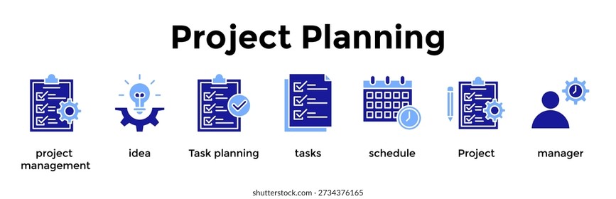 Conjunto de iconos de planificación de proyectos. Contiene Gestión de Proyectos, Idea, Planificación de Tareas, Tareas, Programación, Proyecto, Gerente