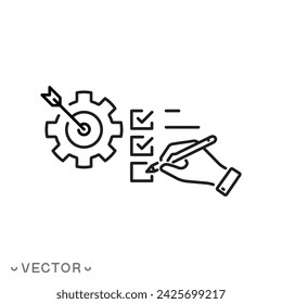 project planning icon, success business target, dart in gear, thin line symbol isolated on white background, editable stroke eps 10 vector illustration