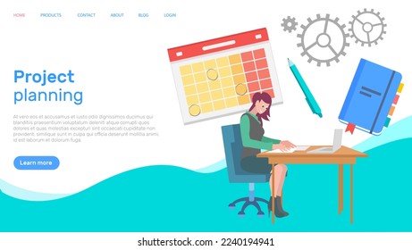 Project planning landing page, analysing business strategy, marketing idea. Analysis, brainstorm and work management concept. Businesswoman working with business plan creation, project management