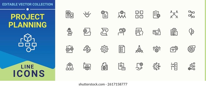 Project Planning linear icon collection. Contains such icons as goal, manage, team, teamwork, strategy and more. Project Management line icon set. Minimal linear icons. Vector illustration.
