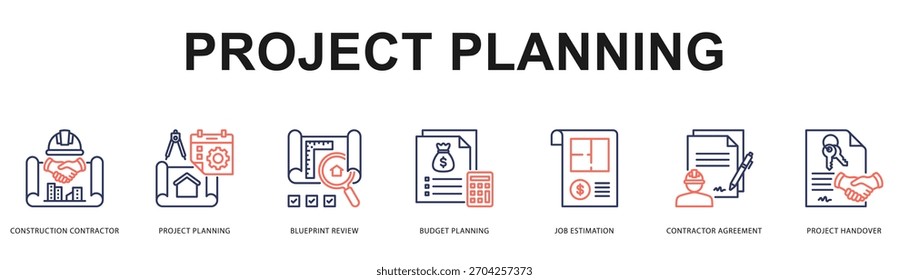 Projeto de planejamento Moderno e limpo web banner ilustração com ícones temáticos para a comunicação visual