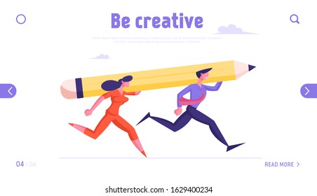 Project Planning and Office Daily Routine Website Landing Page. Businesswoman and Businessman Carry Huge Pencil on Shoulders Racing to Success Web Page Banner. Cartoon Flat Vector Illustration