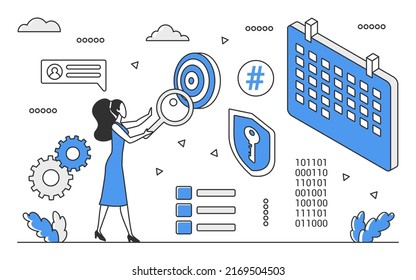 Project planning overview. Management leadership, team leader schedule vector monocolor illustration