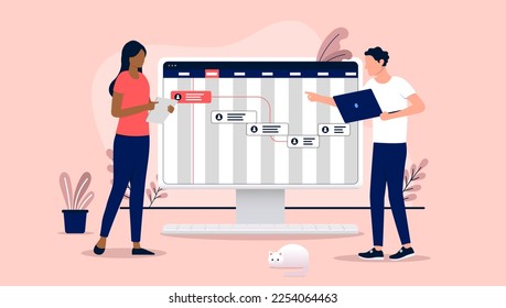 Project planning and roadmap - Two project managers working on assigning tasks and making plan and strategy for business progress. Flat design vector illustration