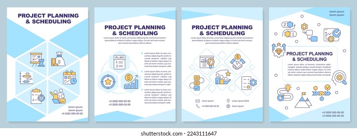 Project planning and scheduling blue brochure template. Leaflet design with linear icons. Editable 4 vector layouts for presentation, annual reports. Arial-Black, Myriad Pro-Regular fonts used