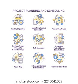 Project planning and scheduling concept icons set. Business improvement idea thin line color illustrations. Isolated symbols. Editable stroke. Roboto-Medium, Myriad Pro-Bold fonts used