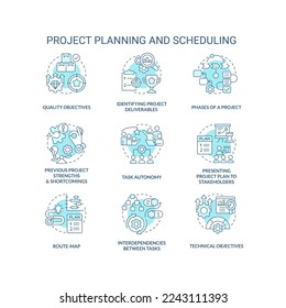 Projektierung und Planung der türkisfarbenen Konzeptsymbole. Business Improvement Idee dünne Linien Illustrationen. Isolierte Symbole. Bearbeitbarer Strich. Verwendung von Roboter-Medium, Myriad Pro-Fett-Schriftarten