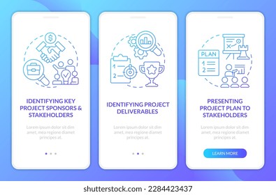 Planificación de proyectos estadios pantalla de aplicación móvil con degradado azul. Recorrido de flujo de trabajo 3 pasos instrucciones gráficas con conceptos lineales. UI, UX, plantilla GUI. Multitud de tipos de letra Pro-Bold, con uso regular