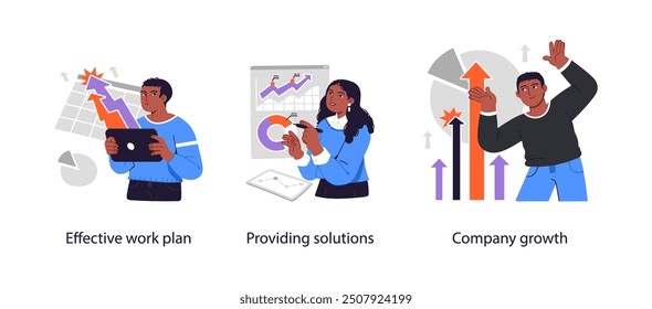 Planificación de proyectos y desarrollo de estrategias - conjunto de ilustraciones de concepto de negocio. Colección de historias visuales