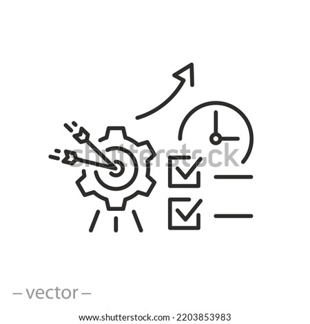 project planning time icon, success business target, dart in gear, thin line symbol on white background - editable stroke vector illustration