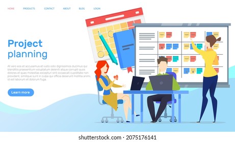 Project planning, time management concept. People cooperating to deal with new startup. Company employees work with laptops, create plan. Website for busines project creation landing page template