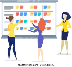 Project planning, time management concept. People cooperating to create new schedule. Company employees working with monthly plan. Women draw up business development strategy plan, to do list