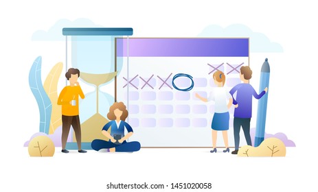 Project planning, time management illustration. Businessman and businesswoman cartoon characters. Colleagues organize work schedule. Workflow efficiency optimization, corporate productivity control.