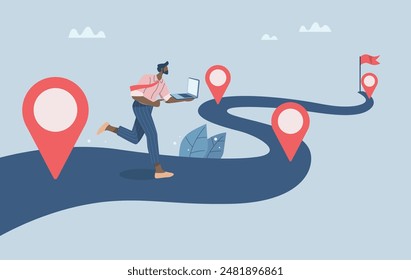 Project planning, Timeline, Progress in business, Roadmap, Work process or work process, Timeline to success, Businessman project manager running work on project timeline. Vector design illustration.