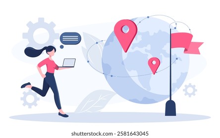 Project planning timeline. Woman with laptop running towards red flag. Planning and goal setting. Organizing efficient workflow and time management. Flat vector illustration