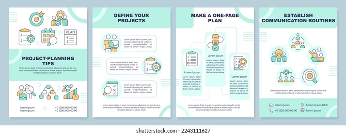 Project planning tips green brochure template. Management. Leaflet design with linear icons. Editable 4 vector layouts for presentation, annual reports. Arial-Black, Myriad Pro-Regular fonts used