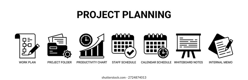 Project Planning web banner icon vector illustration concept with icons of work plan, project folder, productivity chart, staff schedule, calendar schedule, whiteboard notes, internal memo.