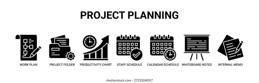 Project Planning web banner icon vector illustration concept with icons of work plan, project folder, productivity chart, staff schedule, calendar schedule, whiteboard notes, internal memo.