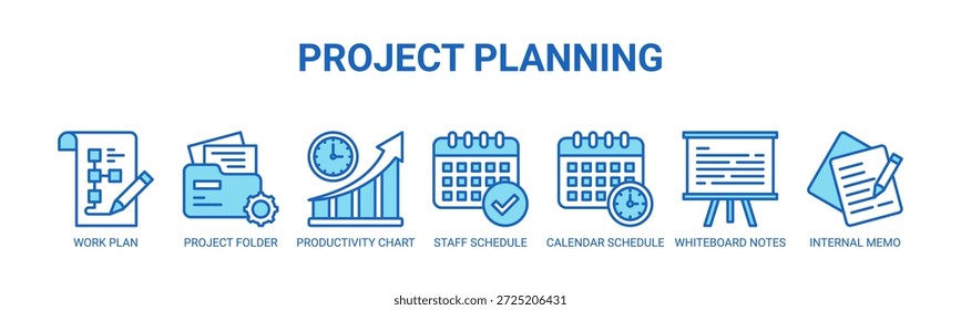 Project Planning web banner icon vector illustration concept with icons of work plan, project folder, productivity chart, staff schedule, calendar schedule, whiteboard notes, internal memo.