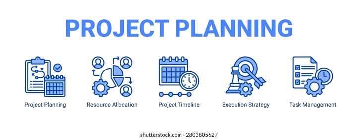 Project Planning web banner icon concept with Project Planning, Resource Allocation, Project Timeline, Execution Strategy, Task Management.