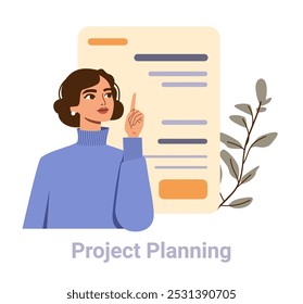 Project planning woman pointing at document illustration. Woman in blue sweater points up at a document with lines and a button. Plant in background