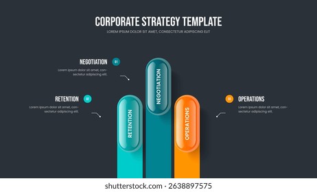 Project Portfolio Three Element Diagram Slideshow Layout. Market Overview 3 Step Infographic Frame Design. Digital Briefing Presentation Template Vector Illustration.