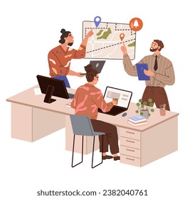 Project presentation brainstorming concept. People at business meeting or marketing conference in office. Corporate business manager explaining data to partners. Analysis of geolocation of competitors