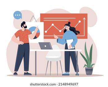 Project presentation concept. Man and girl in office on background of graphs and diagrams. Analytical department works with information, prepares for public speech. Cartoon flat vector illustration