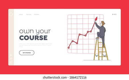 Project Presentation, Financial Statistics Graph Landing Page Template. Businessman Character Stand on Ladder Directing Huge Growing Arrow Up. Business Chart Growth Curve. Linear Vector Illustration