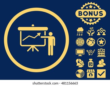 Project Presentation icon with bonus. Vector illustration style is flat iconic symbols, yellow color, blue background.