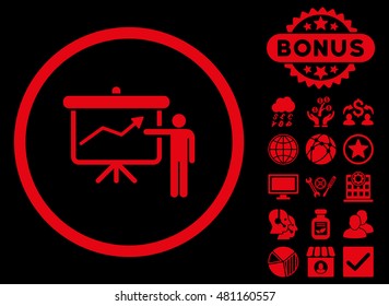 Project Presentation icon with bonus. Vector illustration style is flat iconic symbols, red color, black background.