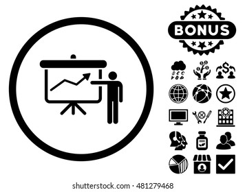 Project Presentation icon with bonus. Vector illustration style is flat iconic symbols, black color, white background.