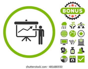 Project Presentation icon with bonus. Vector illustration style is flat iconic bicolor symbols, eco green and gray colors, white background.