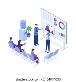 Project presentation isometric color illustration. Speaker at business convention, workers 3d cartoon characters. Corporate trainings, seminar, business school, employer explaining diagrams on board
