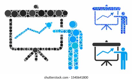 Project presentation mosaic of filled circles in variable sizes and color tints, based on project presentation icon. Vector random circles are composed into blue mosaic.