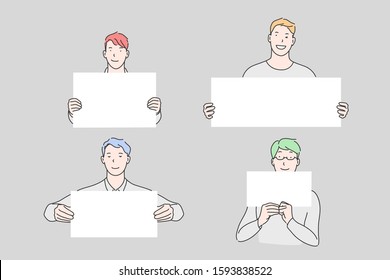 Project presentation, play guess concept. Advertisement, merchandise promotion, marketing, puzzle game, young man with empty paper sheets, boys with blank plates. Simple flat vector