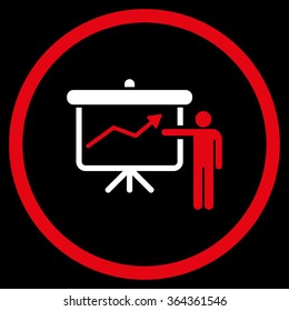 Project Presentation vector icon. Style is bicolor flat circled symbol, red and white colors, rounded angles, black background.