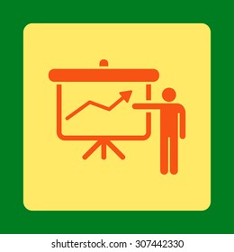 Project Presentation vector icon. This flat rounded square button uses orange and yellow colors and isolated on a green background.