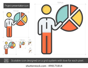 Ícone de linha de vetor da apresentação do projeto isolado no plano de fundo branco. Ícone da linha de apresentação do projeto para infográfico, site ou aplicativo. Ícone escalável projetado em um sistema de grade.